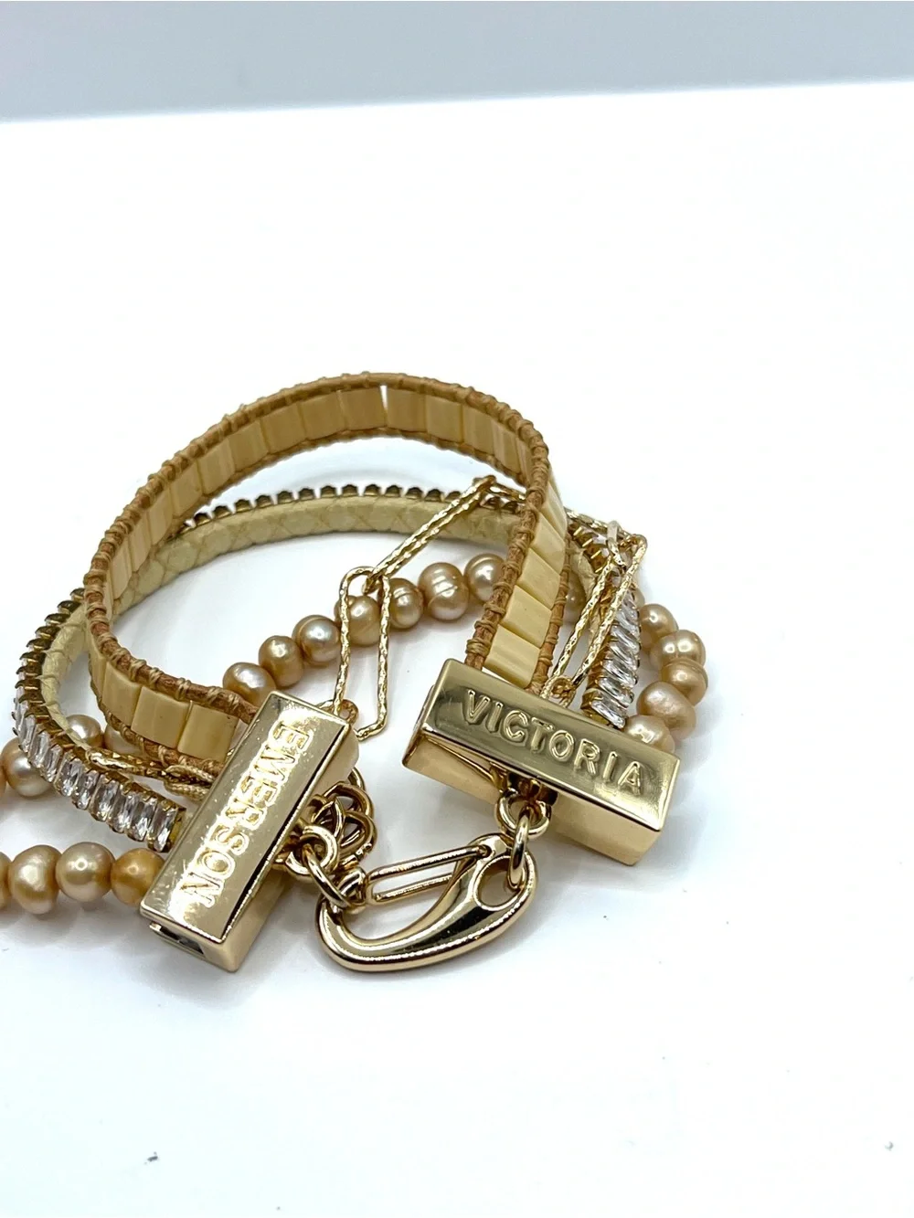 Emerson Gold Multi Strand Pearl Paperclip Rhinestone and Beaded Bracelet Layered